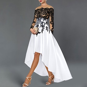 A-Line Cocktail Dresses Elegant Dress Wedding Party Semi Formal Asymmetrical Long Sleeve Off Shoulder Fall Wedding Guest Satin with Beading Embroidery Applique