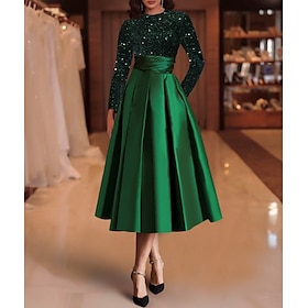 A-Line Cocktail Dresses Elegant Sparkle Wedding Guest Dress Red Green Dress Tea Length Long Sleeve Jewel Neck Satin with Pleats Sequin 2024