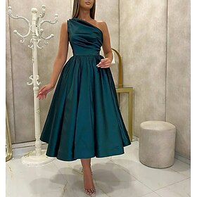 A-Line Cocktail Dresses High Split Dress Prom Birthday Tea Length Sleeveless One Shoulder Fall Wedding Guest Satin with Slit Pure Color 2024