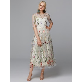 A-Line Floral Dress Valentine's Day Wedding Guest Tea Length Half Sleeve Illusion Neck Lace with Embroidery Appliques 2024