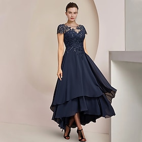 A-Line Mother of the Bride Dress Formal Wedding Guest Elegant High Low Scoop Neck Asymmetrical Tea Length Chiffon Lace Short Sleeve with Sequin Appliques 2024