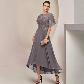 A-Line Mother of the Bride Dress Formal Wedding Guest Elegant Scoop Neck Asymmetrical Tea Length Chiffon Lace Half Sleeve with Beading Appliques 2024