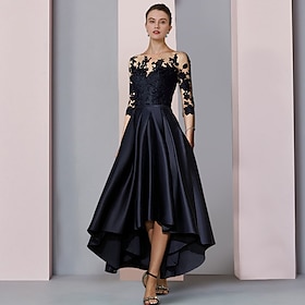 A-Line Mother of the Bride Dress Wedding Guest Elegant High Low Scoop Neck Asymmetrical Tea Length Satin Lace 3/4 Length Sleeve with Pleats Appliques 2024