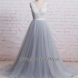 A-line Sweep-Train V-neck Tulle Lace Skirt Bodice Prom Dresses