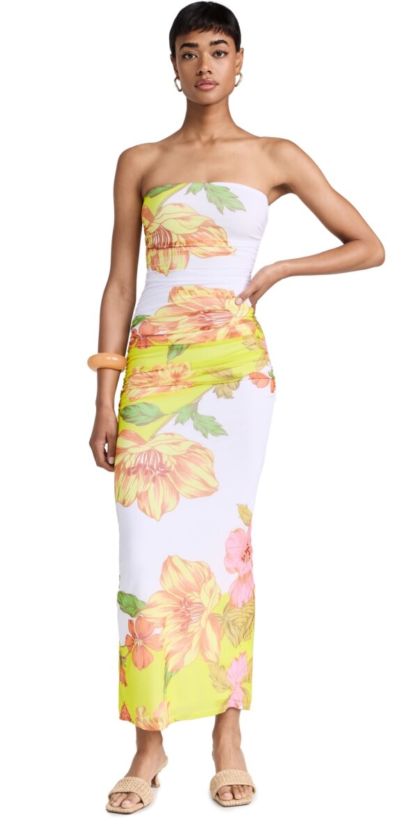 AFRM Marlo Tube Ruched Midi Dress Colorblock Floral XXS