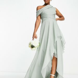 ASOS DESIGN Bridesmaid fallen shoulder drape maxi dress with layered wrap skirt in olive-Green