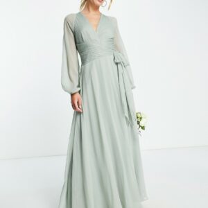 ASOS DESIGN Bridesmaid long sleeve ruched maxi dress with wrap skirt in olive-Green