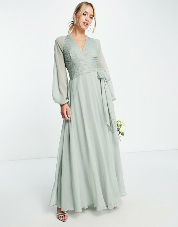 ASOS DESIGN Bridesmaid long sleeve ruched maxi dress with wrap skirt in olive-Green