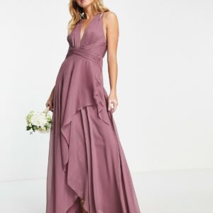 ASOS DESIGN Bridesmaid ruched bodice maxi dress with layered wrap skirt in mauve-Green