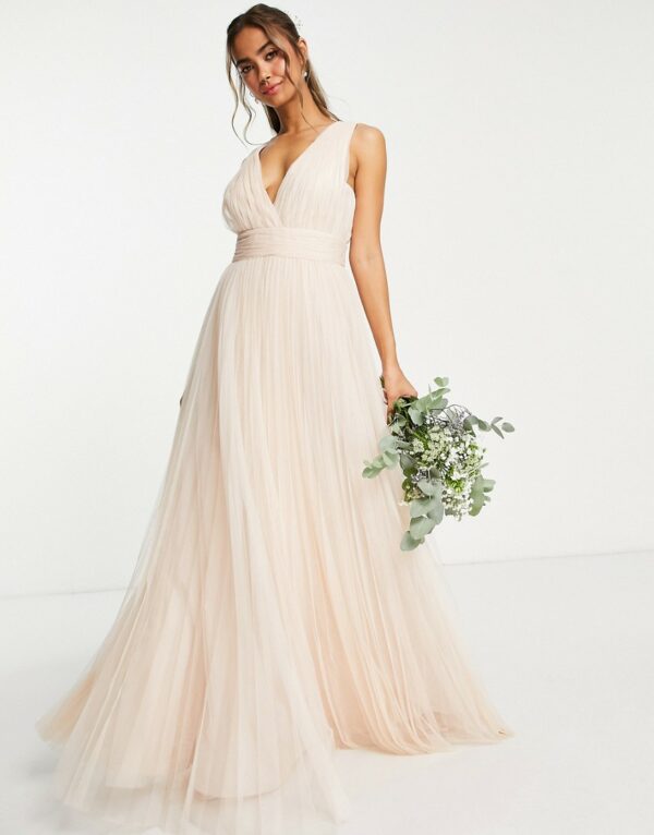 ASOS DESIGN Bridesmaid ruched maxi dress with pleated skirt and button back detail in champagne-Pink