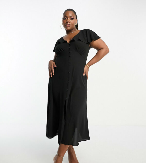 ASOS DESIGN Curve flutter sleeve midi tea dress with buttons in black