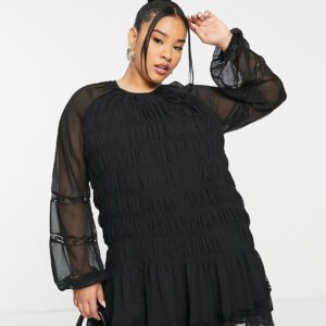 ASOS DESIGN Curve lace insert ruched mini smock dress in black