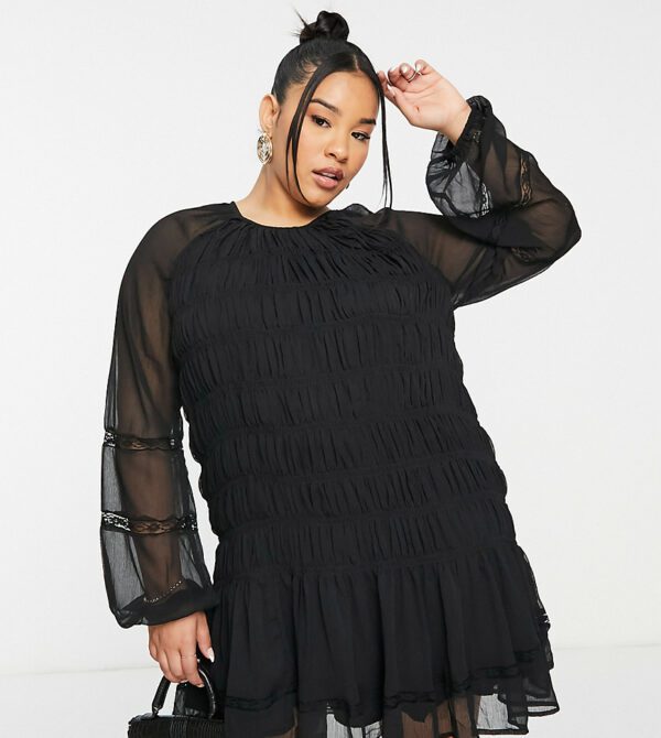 ASOS DESIGN Curve lace insert ruched mini smock dress in black