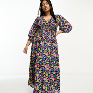 ASOS DESIGN Curve midi smock dress with shirred cuffs in black based multi floral print