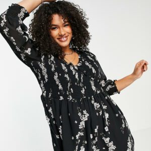 ASOS DESIGN Curve mini smock dress with shirred cuffs in black floral print-Multi