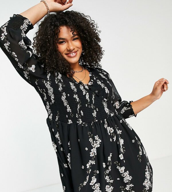 ASOS DESIGN Curve mini smock dress with shirred cuffs in black floral print-Multi