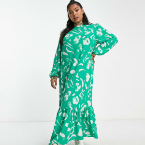 ASOS DESIGN Curve mixed print high neck smock maxi dress in green abstract print-Multi