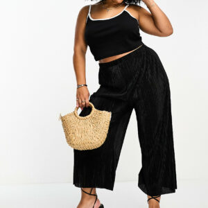 ASOS DESIGN Curve plisse wide leg pant culottes in black