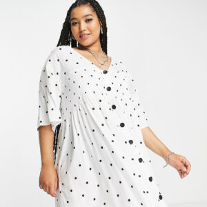 ASOS DESIGN Curve shirred button up mini smock dress in mini polka dot-Multi