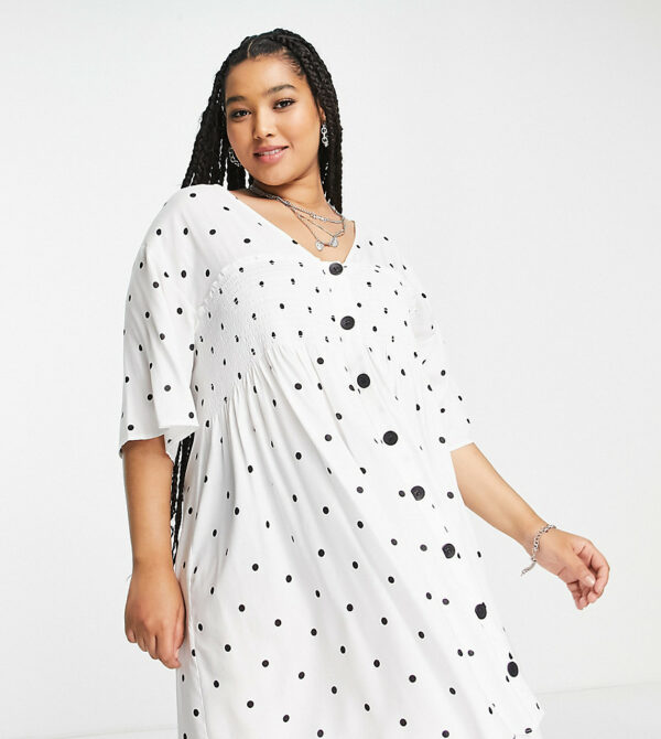 ASOS DESIGN Curve shirred button up mini smock dress in mini polka dot-Multi