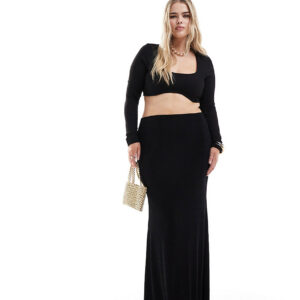 ASOS DESIGN Curve textured slinky fishtail maxi skirt in black