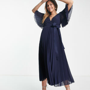 ASOS DESIGN Maternity exclusive pleated midi dress with kimono sleeve and tie waist-Blue