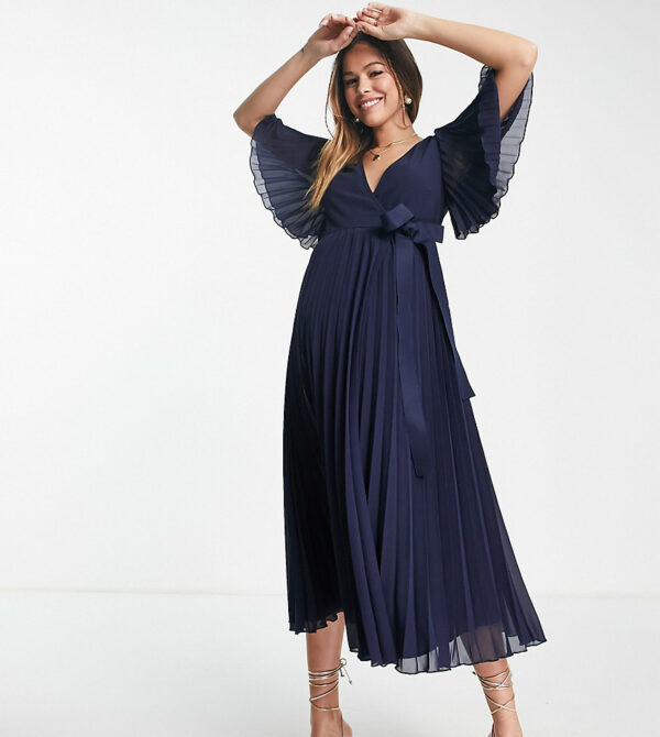 ASOS DESIGN Maternity exclusive pleated midi dress with kimono sleeve and tie waist-Blue