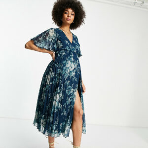 ASOS DESIGN Maternity exclusive pleated midi dress with kimono sleeve and tie waist in floral print-Multi