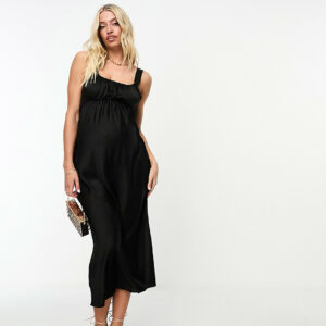 ASOS DESIGN Maternity gathered babydoll satin midi slip dress in black