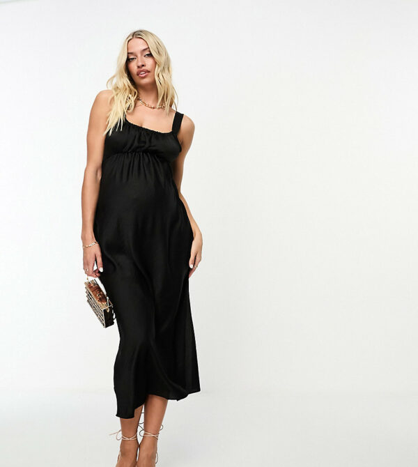 ASOS DESIGN Maternity gathered babydoll satin midi slip dress in black