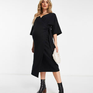 ASOS DESIGN Maternity supersoft midi wrap sweater dress with belt in black