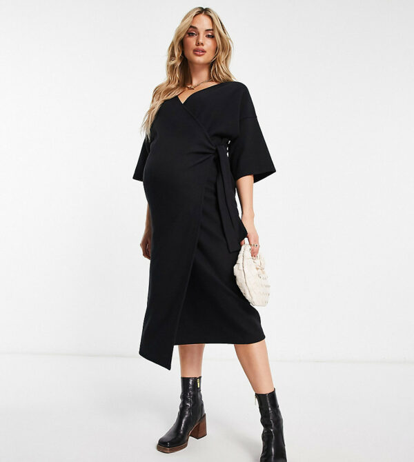 ASOS DESIGN Maternity supersoft midi wrap sweater dress with belt in black