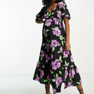 ASOS DESIGN Maternity wrap bodice button through skirt with pep hem midi dress in large purple floral-Multi