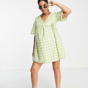 ASOS DESIGN Maternity wrap smock mini dress in pink and green check-Multi