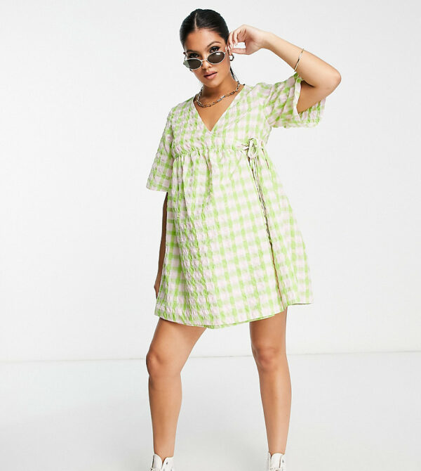 ASOS DESIGN Maternity wrap smock mini dress in pink and green check-Multi