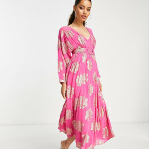 ASOS DESIGN Petite belted batwing maxi tea dress in pink metallic jacquard-Multi