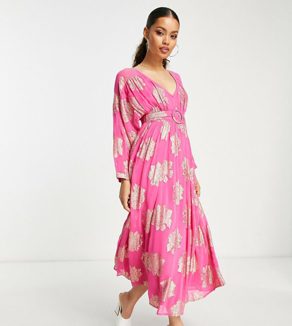 ASOS DESIGN Petite belted batwing maxi tea dress in pink metallic jacquard-Multi