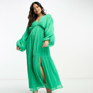 ASOS DESIGN Petite micro pleated batwing trapeze maxi dress in bright green