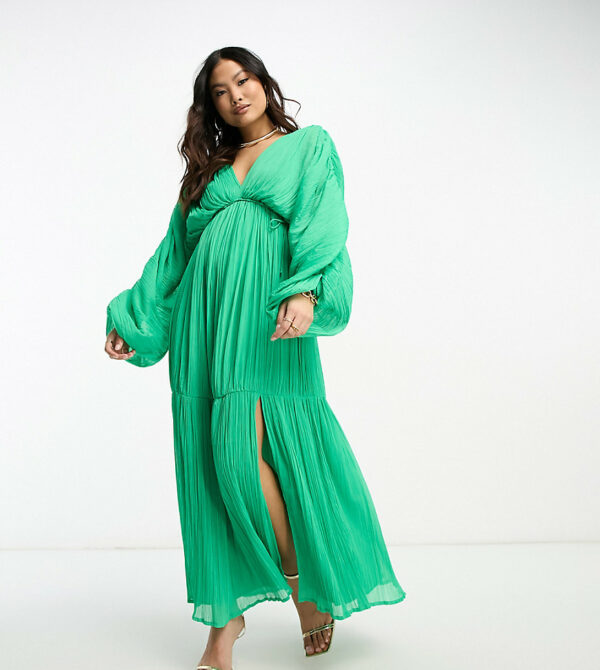 ASOS DESIGN Petite micro pleated batwing trapeze maxi dress in bright green