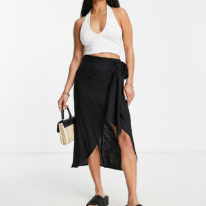 ASOS DESIGN Petite sarong wrap midi skirt in black