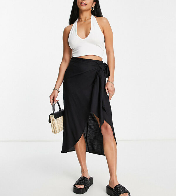 ASOS DESIGN Petite sarong wrap midi skirt in black