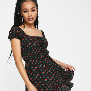 ASOS DESIGN Petite tie front short sleeve mini tea dress in cherry print-Multi