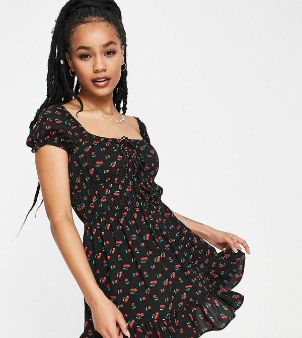 ASOS DESIGN Petite tie front short sleeve mini tea dress in cherry print-Multi