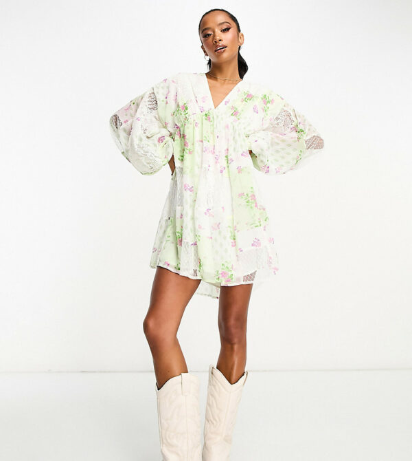 ASOS DESIGN Petite trapeze mini dress with blouson sleeve in mixed lace print-Multi