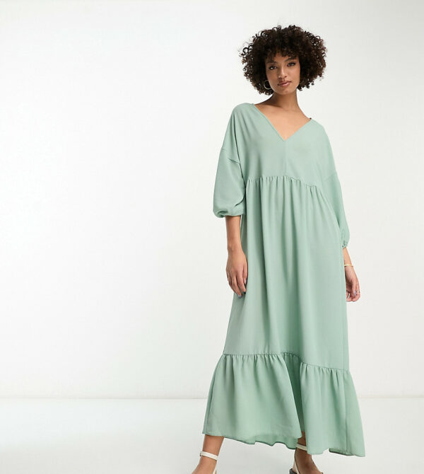 ASOS DESIGN Tall chuck on smock midi dress in light sage-Green