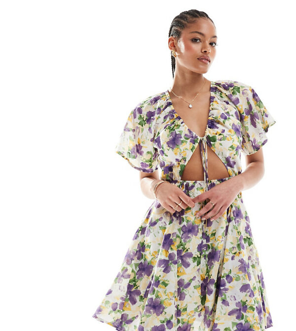 ASOS DESIGN Tall cut-out mini dress with godet skirt in lilac floral-Multi