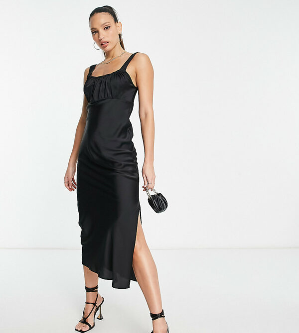 ASOS DESIGN Tall gathered babydoll satin midi slip dress in black