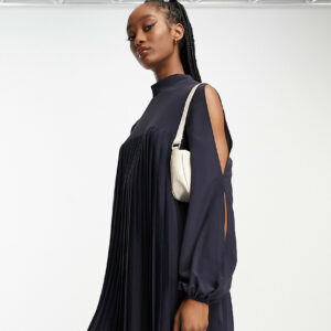 ASOS DESIGN Tall high neck pleated trapeze mini dress with split sleeves in navy