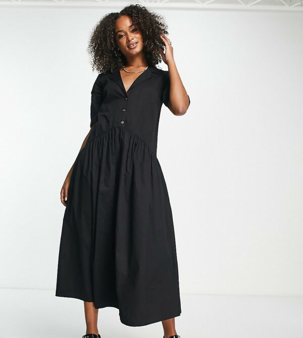 ASOS DESIGN Tall twill collared button midi smock dress in black