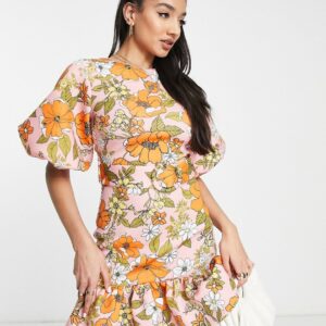 ASOS DESIGN belted peplum tiered mini dress in retro floral print-Multi